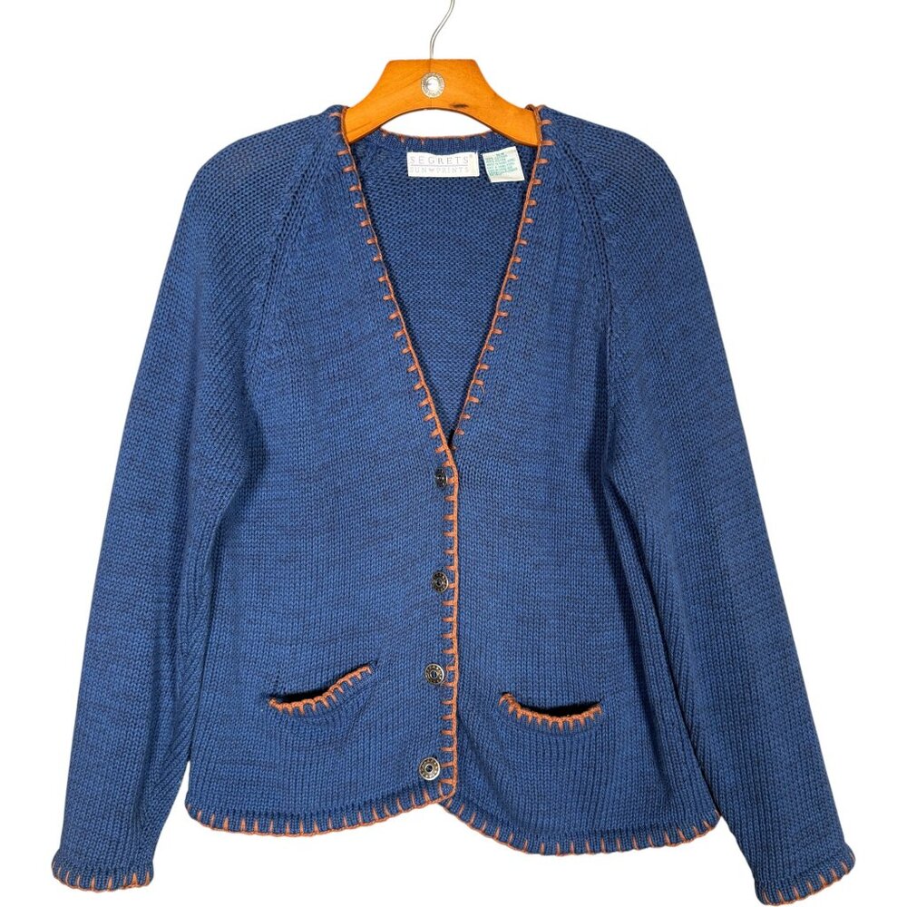 Vintage 100% Cotton Blue Knit Cardigan Sweater Grandma M